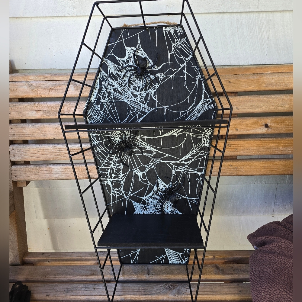 Black Coffin-Casket Shaped Shelf with Spider Web Wall Table Wooden - Picture 2 of 6